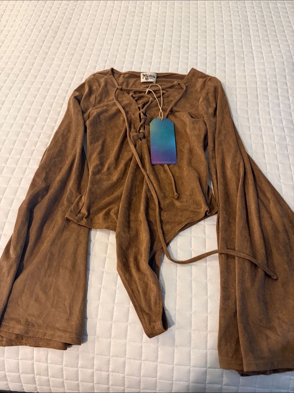 Show Me Your MuMu Chestnut Brown Lace-Up Bell Sleeve Suede-Look Bodysuit